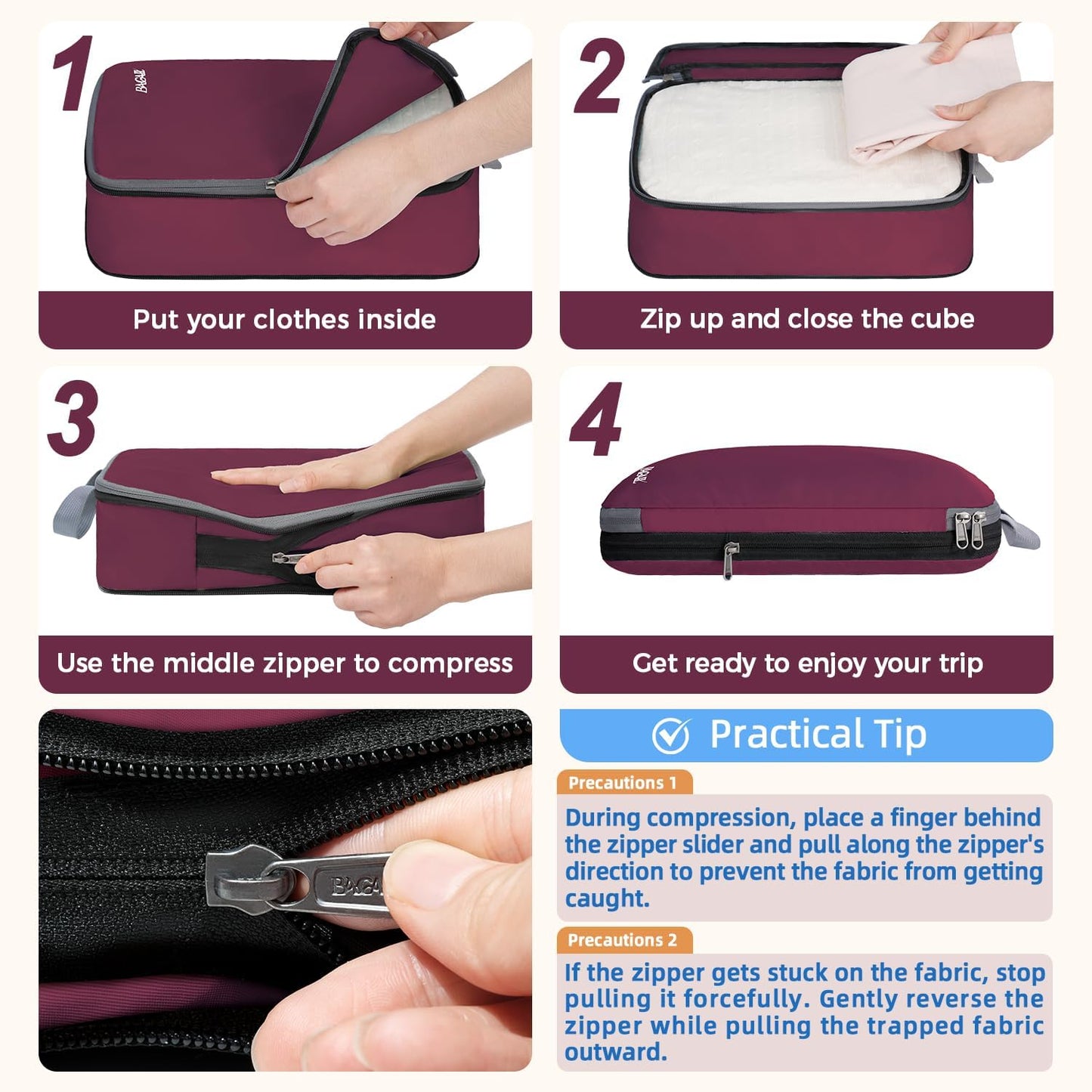 BAGAIL 4er-Set Kompressions-Packwürfel Reise-erweiterbare Packorganizer (Schwarz, 4er-Set)