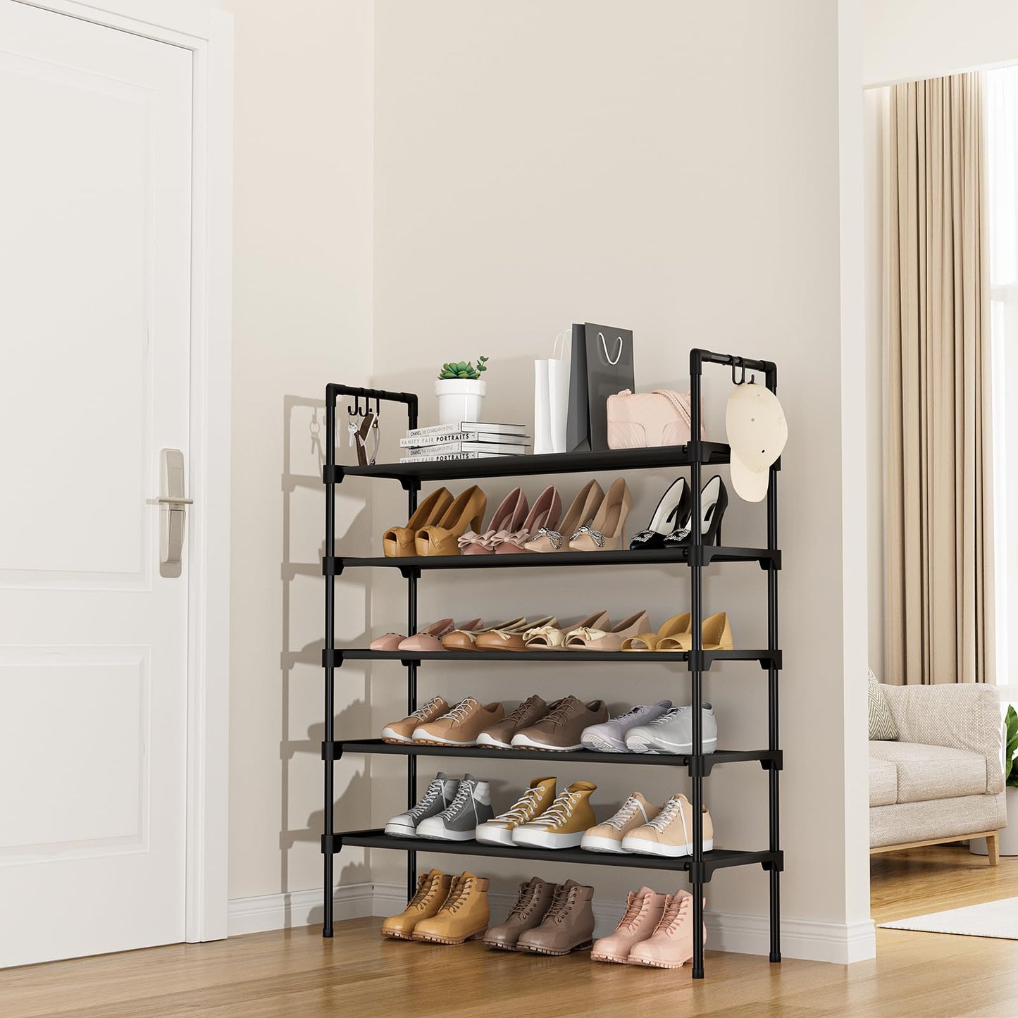 LANTEFUL 3 Tier Shoe Rack for Closet, Shoe Organizer with 5 Hooks, Long Shoe Shelf Storage for Sneaker and Boot Stackable Free Standing Shoe Rack for Entryway, Garage, Small Spaces, Dorm