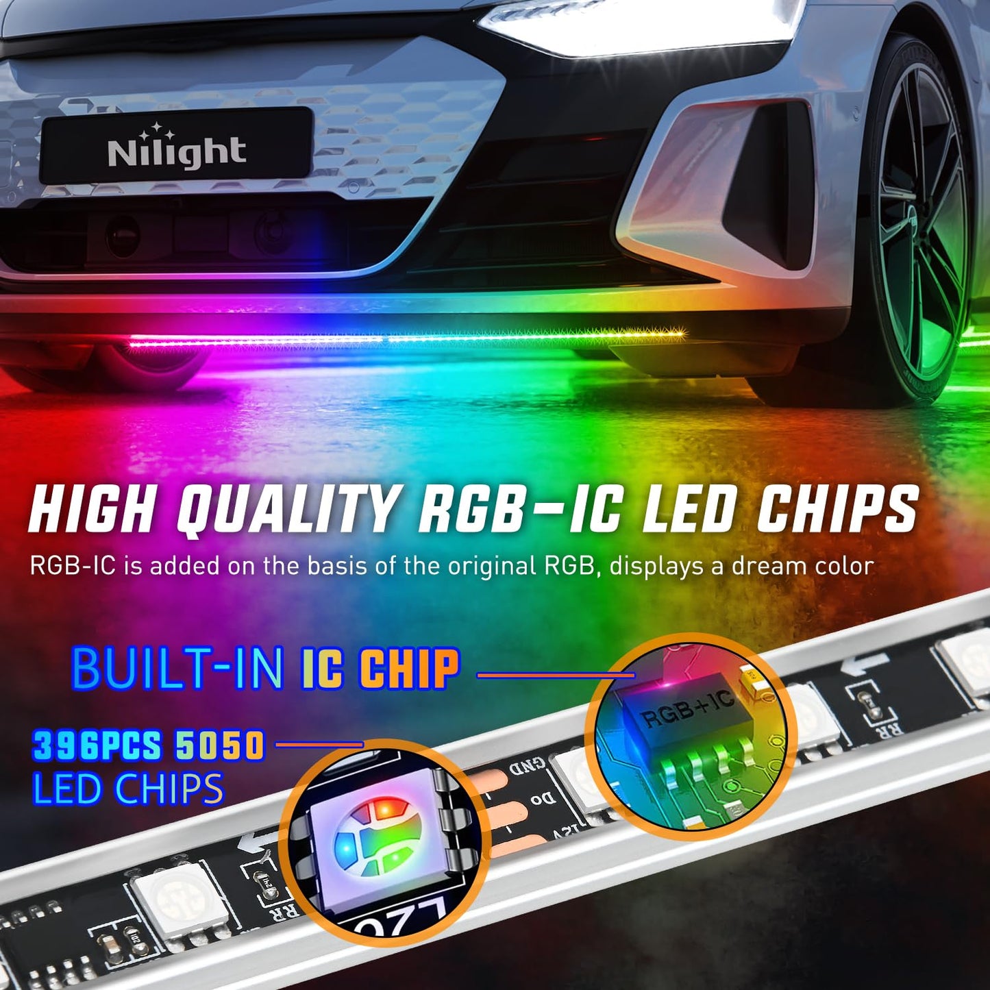 Nilight 4Pcs Car Underglow Neon Accent Strip Lights 252 LEDs RGB 8 Color Sound Active Function Music Mode with Wireless Remote Control Underbody Light Strips for Cars Van SUV Truck
