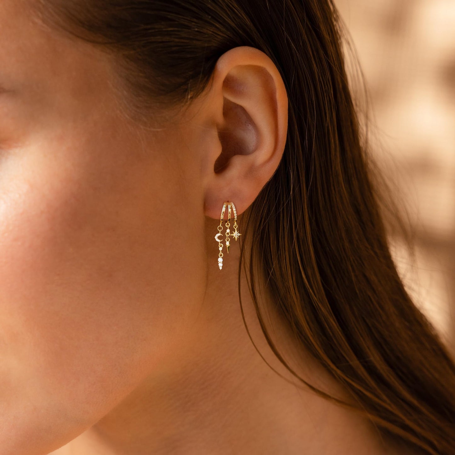 Dangle Earrings for Women,14k Gold Plated Triple Huggie Stud Earrings Cute Statement Chain Earring Dainty Drop Earrings for Women Trendy Gold Plated Jewelry