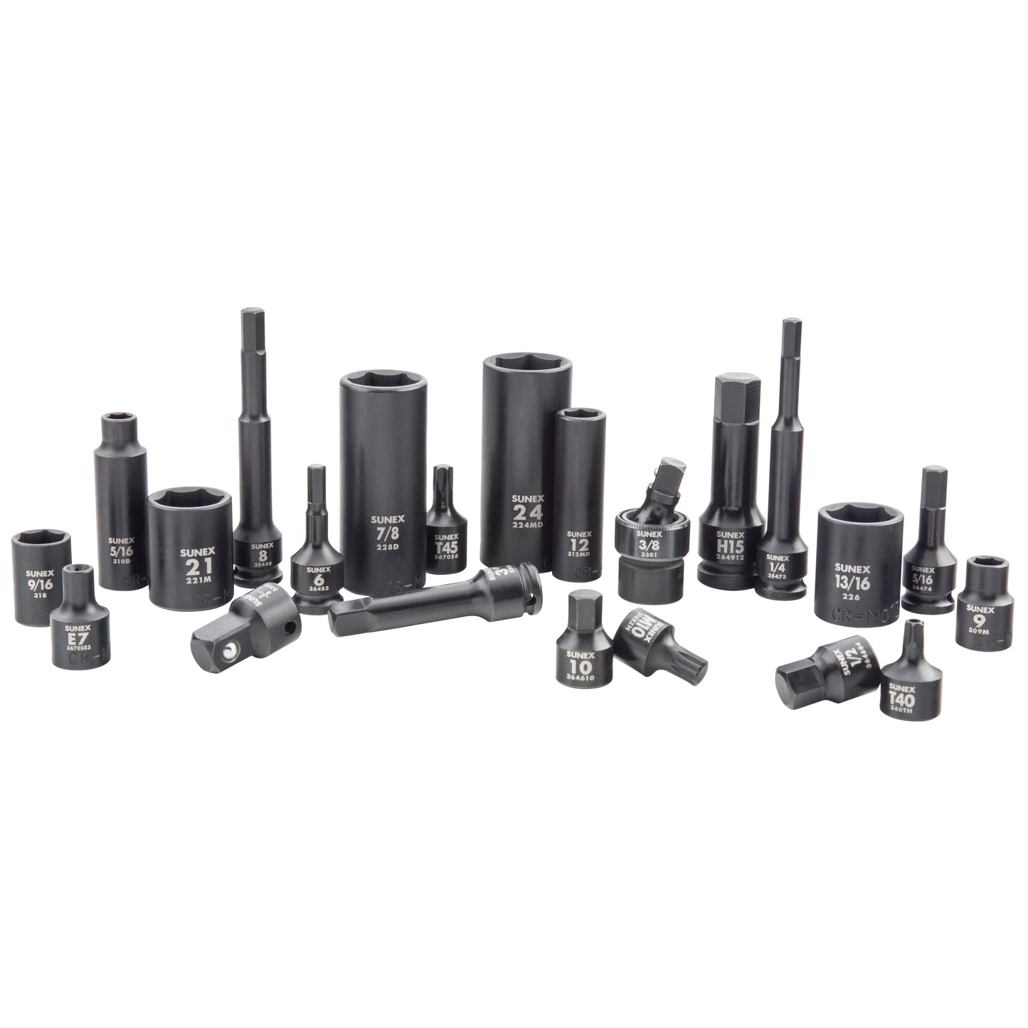SUNEX Tools 80 Piece 3/8 in. Drive Master Impact Socket Set, Universal, Star, External Star, Extensions, Universal Joint, SAE and Metric, 8mm to 19mm and 5/16 in. to 3/4 in., CR-MO Steel, Model 3580