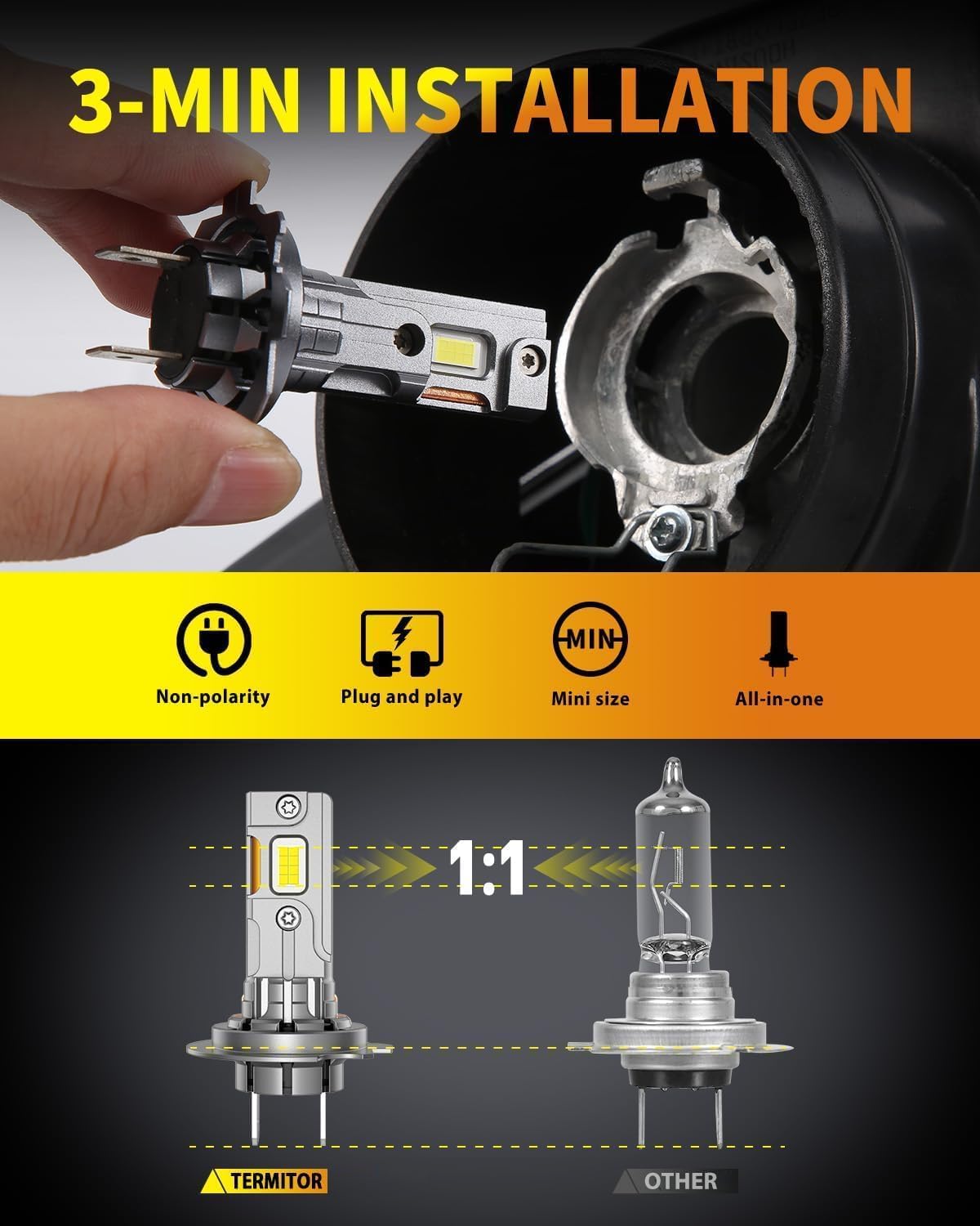 Termitor Brightest H13/9008 LED Bulbs, 10X Brighter 50,000LM, 85K+ Hours Service Life, 6500K Cool White, IP68 Waterproof, 1:1 OEM Size, 3 Minute Installation, Pack of 2
