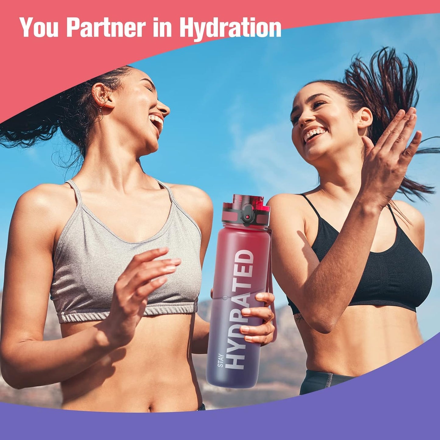 Sahara Sailor Trinkflasche, 950ml Motivations-Sportflasche mit Zeitmarkierung – Trinkzeiten – Tritan, BPA-frei, weite Öffnung auslaufsicher, Fast-Flow-Technologie mit Reinigungsbürste (1 Flasche)