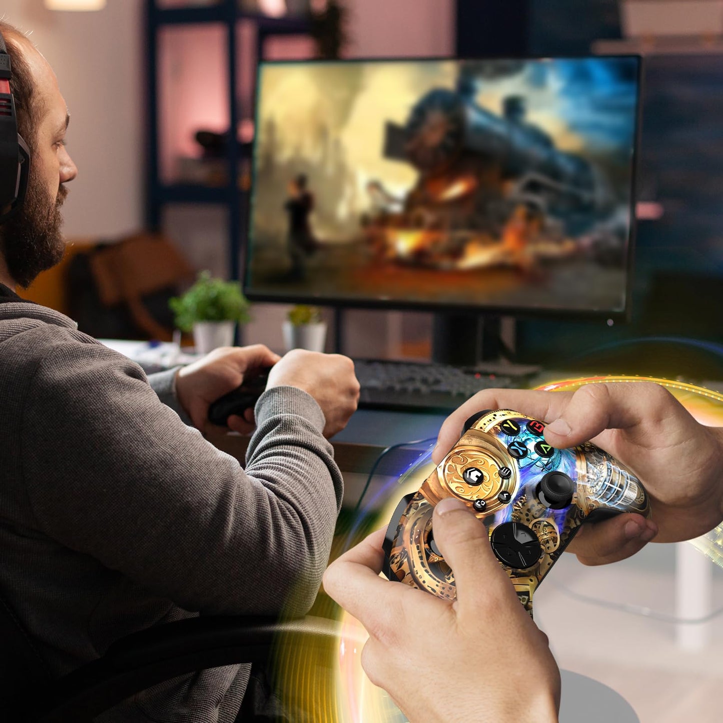 Dinosoo Wireless Controller for Xbox Series X|S, Xbox One & PC, Bluetooth, 4 Vibration Motors, Turbo, Macro, 3.5mm Headphone Jack Steampunk - Upgrading with a PC Before Connecting to X-Box