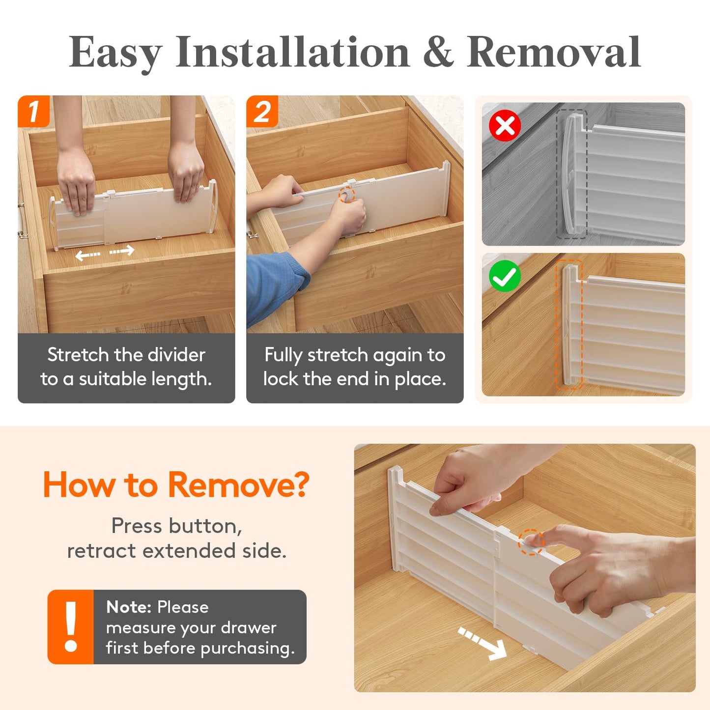 Lifewit 8" Tall 4 Pack Drawer Dividers, 13.8"-22.2" Adjustable Deep Drawer Organizer Clothes, Expandable White Plastic Separators for Dresser, Kitchen, Cabinet, Closet, Office Organization & Storage