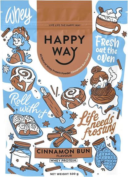 Happy Way Whey Protein Powder Cinnamon Bun 500g Flavoured Protein Powder Blend for Smoothies Shakes Post Workout Drinks and Everyday Nutrition Support