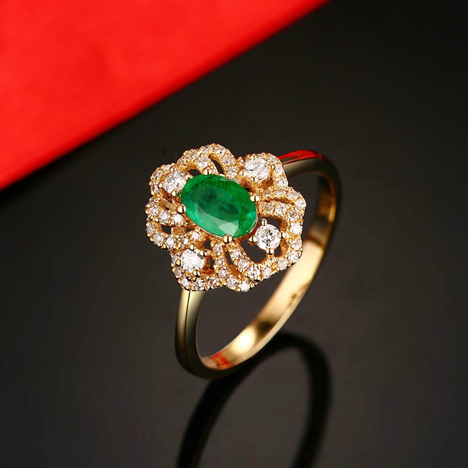 Aienid 18Ct Yellow Gold Engagement Rings for Women Diamond Flower with Oval Cut Emerald Engagement Ring for Her