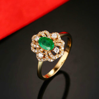 Aienid 18Ct Yellow Gold Engagement Rings for Women Diamond Flower with Oval Cut Emerald Engagement Ring for Her