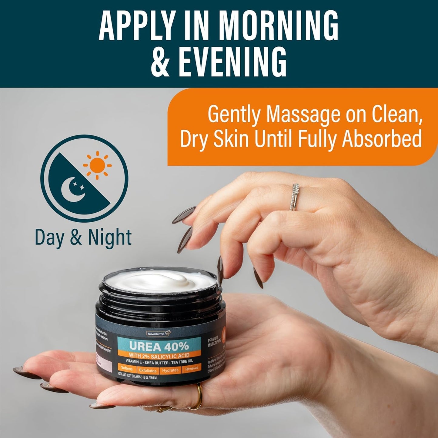 NUVADERMIS 40% Urea Cream - Full Body Moisturizing Cream for Extremely Dry Skin - Maximum Strength Urea Cream with 40 Percent Urea for Feet, Hands, Elbows & Body - Urea + Salicylic Acid – 5.3 fl oz
