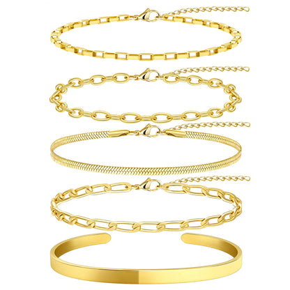 Goldarmbänder für Frauen Stapel Nicht Anlaufen, 14K Vergoldete Stapelbare Armbänder Set für Frauen Trendy, Wasserdicht Einfacher Schmuck Sets Geschenke Inklusive Perlen-/Kuban-/Büroklammer-/Fischgräten-/Seilglieder-Kette, Modeaccessoires