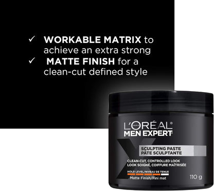 L'Oréal Paris Men Expert Sculpting Paste, Haar-Paste für Männer, Formel für extra starken Halt mit mattem Finish für jeden gepflegten Stil, 110 g, 1er-Pack