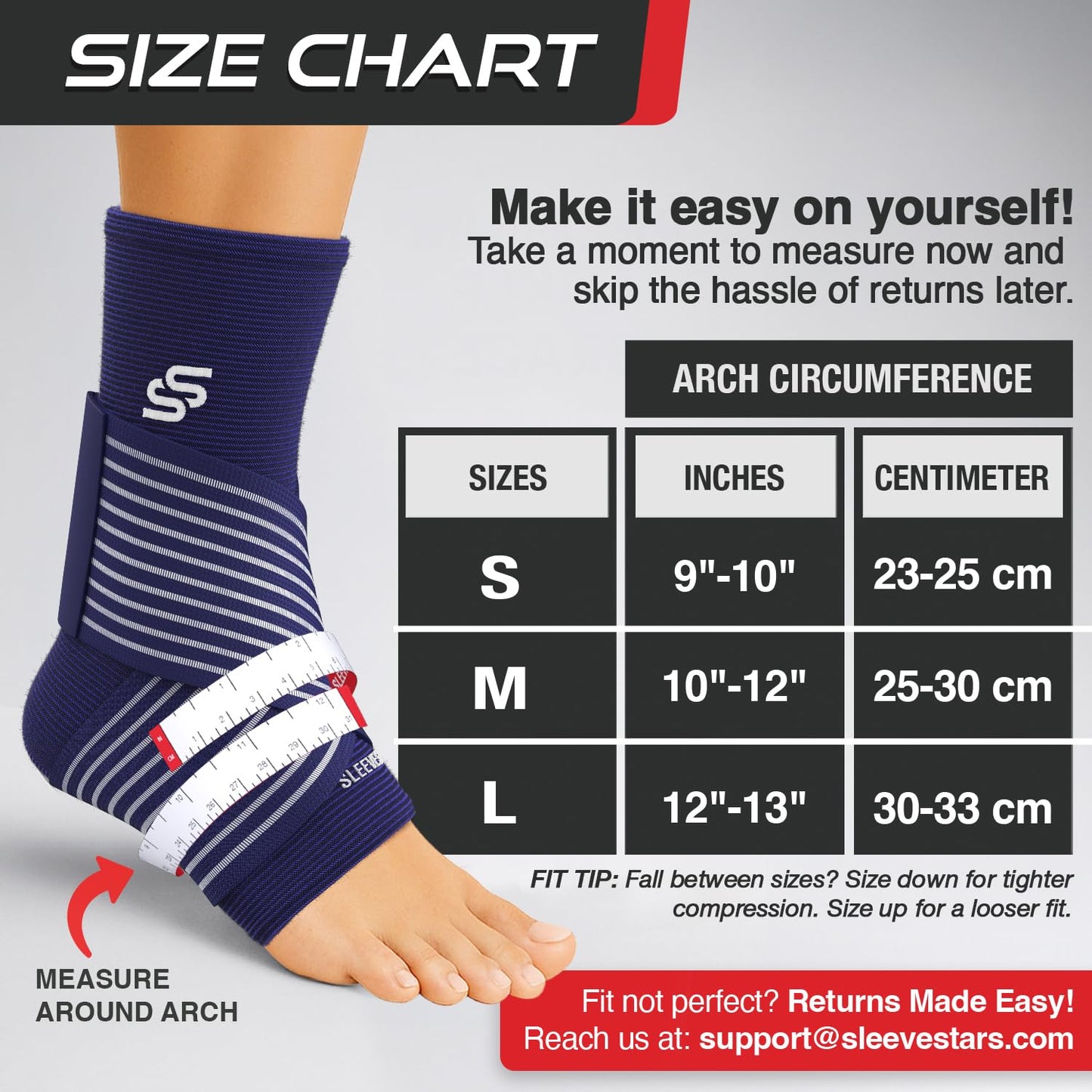 Sleeve Stars Knöchelbandage für Damen & Herren, Knöchelwickel für Verstauchungen, Kompressionsmanschette zur Linderung von Plantarfasziitis, Leicht anpassbare Unterstützung: mit abnehmbarem Gurt (Einzeln/M:25-30cm/Schwarz)