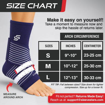 Sleeve Stars Knöchelbandage für Damen & Herren, Knöchelwickel für Verstauchungen, Kompressionsmanschette zur Linderung von Plantarfasziitis, Leicht anpassbare Unterstützung: mit abnehmbarem Gurt (Einzeln/M:25-30cm/Schwarz)