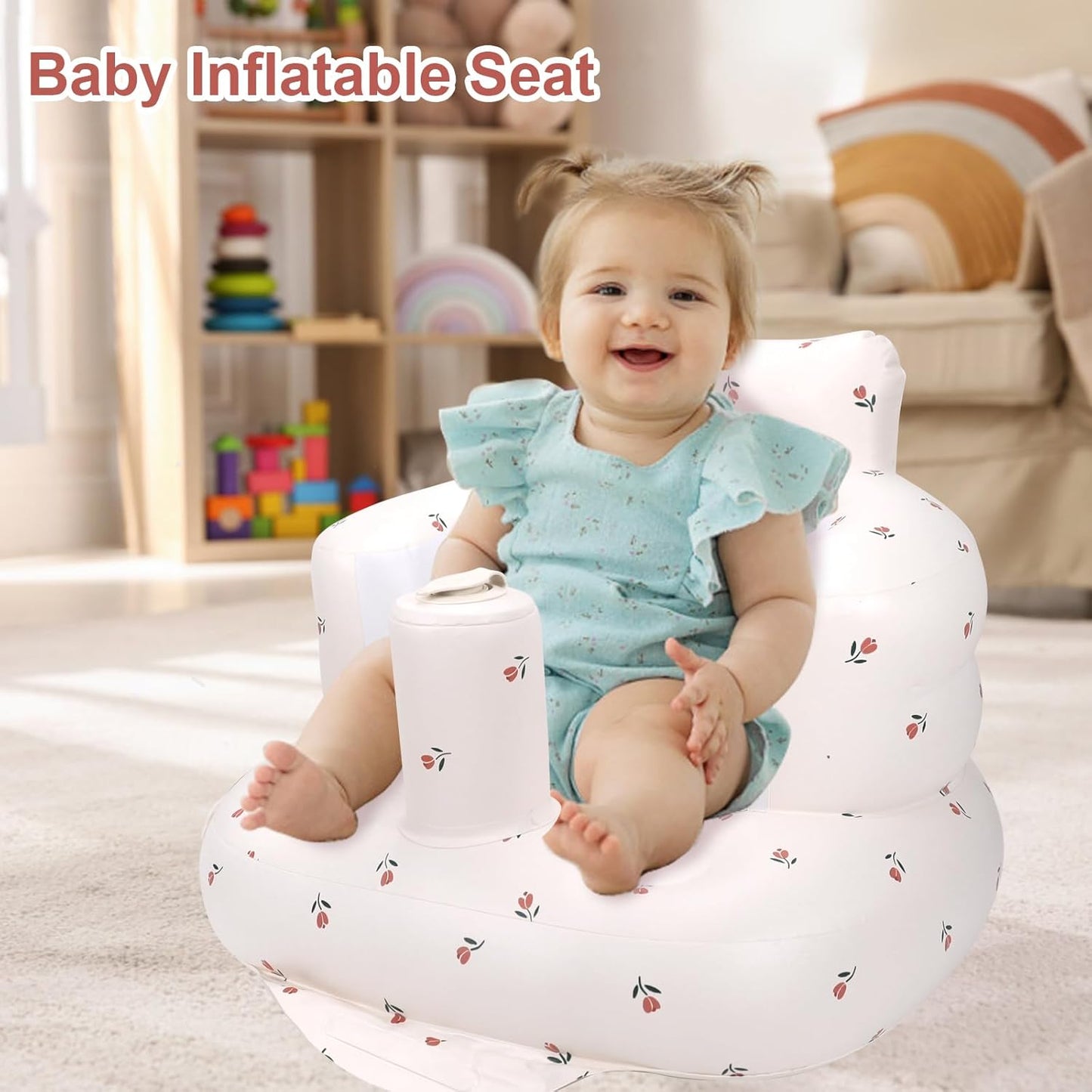 Aufblasbarer Babysitz, aufblasbarer Babystuhl für Babys ab 3 Monaten, aufblasbarer Sommerstuhl mit integrierter Luftpumpe, Baby-Bodensitz zum Sitzenlernen, Spielen, Campen, Orange