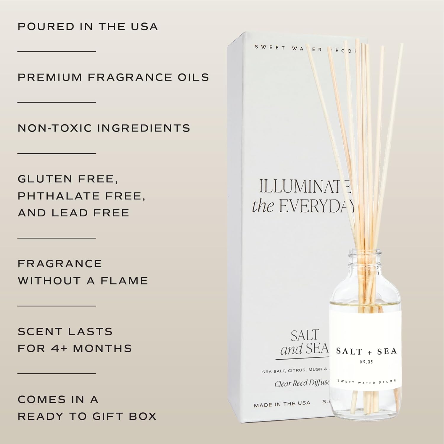 Sweet Water Decor Salt & Sea Reed Diffuser Set - Sea Salt Citrus & Musk Amber Scent Diffuser - Reed Diffusers for Home with Long Lasting Fragrance - Non-Toxic Oil Reed Diffuser - Made in the USA