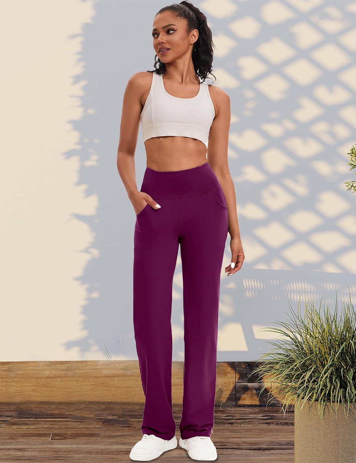 VOOVEEYA Yogahosen für Damen mit Taschen, gerade geschnittene Hose mit weitem Bein, hochtaillierte Business-Hose, petite/regulär//lang