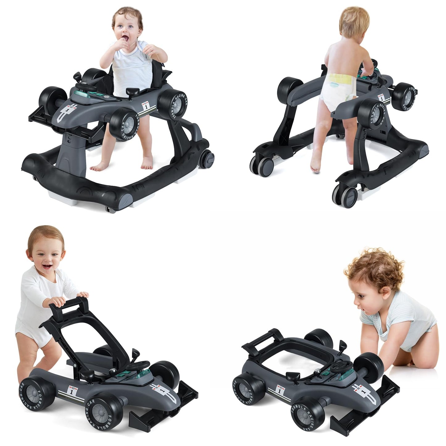 HONEY JOY 4-in-1 Baby Walker, Activity Push Walker w/3 Adjustable Heights, Smooth Wheels w/Adjustable Speed, Padded Seat, Music & Light, Foldable Car Walker for Baby Boys Girls Age 6 Months+ (Blue)