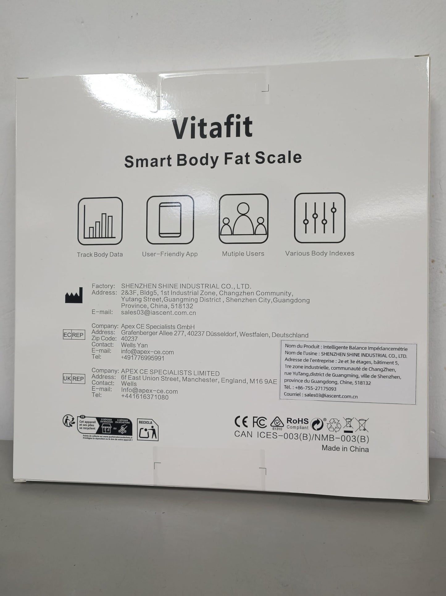 Vitafit Smart-Körperwaage, hohe Genauigkeit 0,05 kg, von unserer professionellen Fabrik seit 2001, App-Synchronisierung von 13 Körperzusammensetzungen wie BMI, Körperfett und Muskelmasse, 180 kg, LED, Schwarz