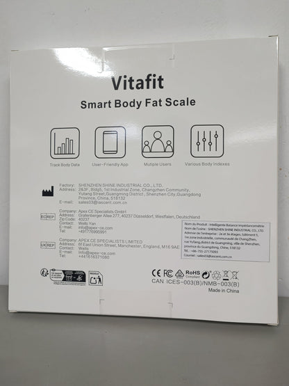 Vitafit Smart-Körperwaage, hohe Genauigkeit 0,05 kg, von unserer professionellen Fabrik seit 2001, App-Synchronisierung von 13 Körperzusammensetzungen wie BMI, Körperfett und Muskelmasse, 180 kg, LED, Schwarz