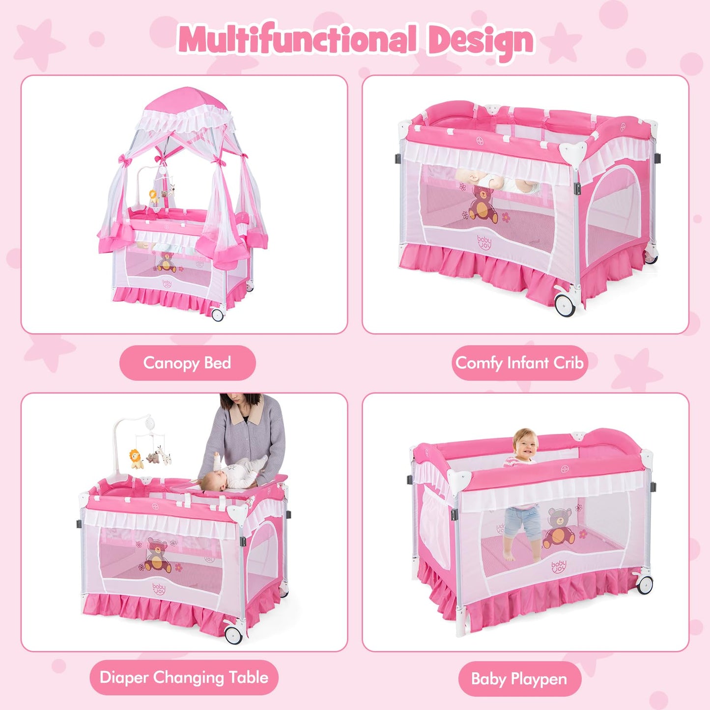 BABY JOY 4 in 1 Pack and Play with Canopy, Portable Baby Playard with Bassinet, Double-Layer Baby Crib, Wheels & Brake, Foldable Baby Girl Pink Bassinet from Newborn to Toddler