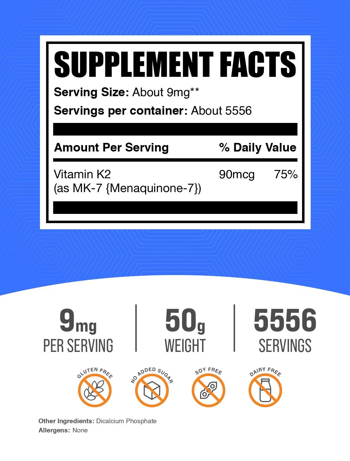BulkSupplements.com Vitamin K2 Powder - Vitamin K2 MK-7, as Menaquinone Powder - K2 Vitamin Supplement for Wellness, Gluten Free, 9mg per Serving, 500g (1.1 lbs) (Pack of 1)