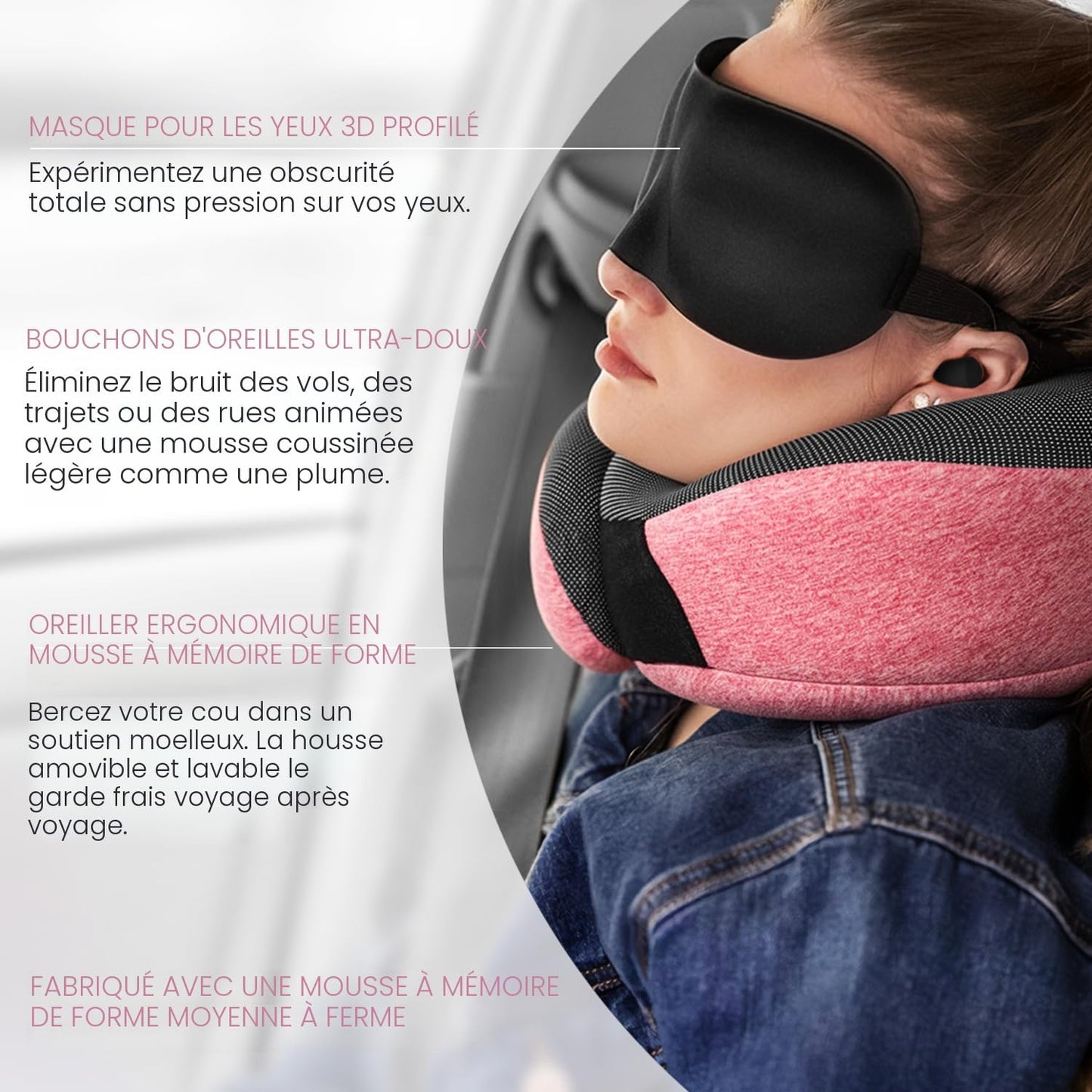 Proglobe Orthopädisches Nackenkissen Reise-Nackenkissen für Flugzeuge, Memory Foam Kit, aktualisiertes Ruhematerial, Flugreise-Set mit 3D-konturierter Augenmaske, Ohrstöpseln und luxuriösem Netzbeutel (Grau)