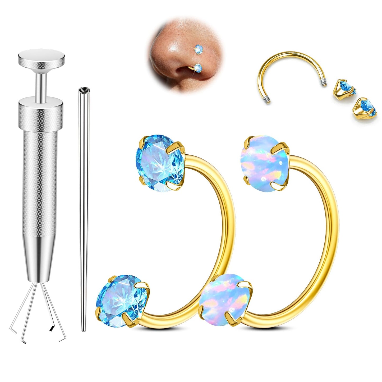 Opal Nose Ring Studs Horseshoe Nose Rings Hoops Stud 316L Stainless Steel Nose Rings Round CZ Square Screw L Shaped Nose Stud Hypoallergenic Nostril Piercing Jewelry for Women Men