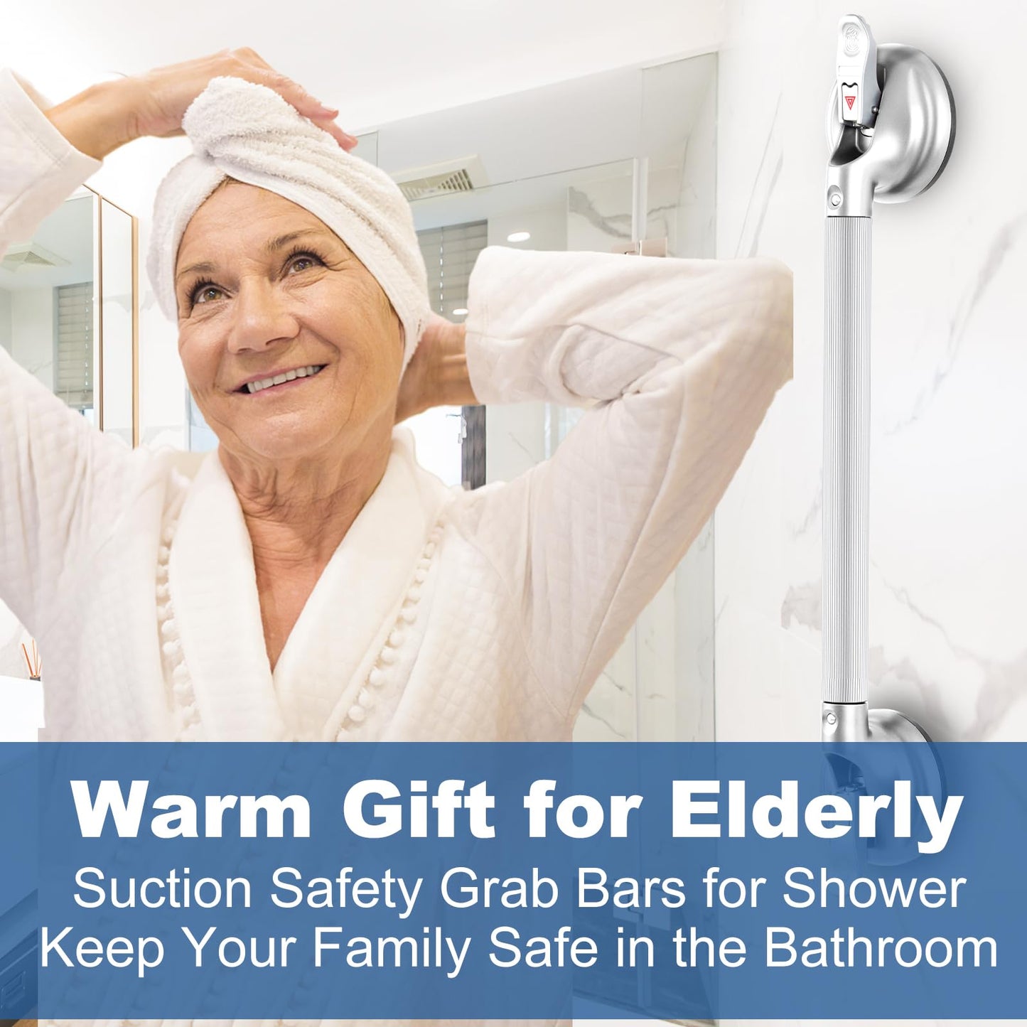 15-Inch Shower Handle - Upgraded Grab Bar with Strong Suction Cups for Bathtub & Shower Safety, Ideal for Seniors, Elderly, Disabled -Silver
