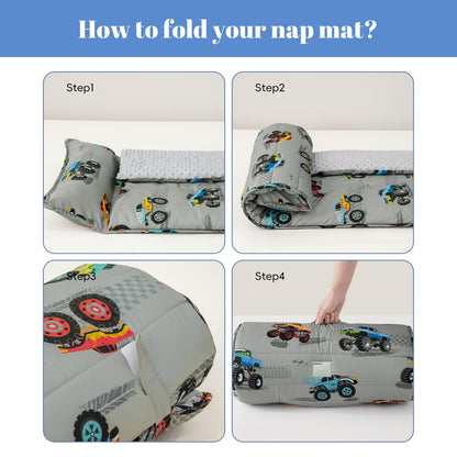 PHF Toddler Nap Mat with Removable Pillow and Minky Blanket, Rollup Design Kids Sleeping Mat, Slumber Bags for Boys, 55"x23" Toddler Sleeping Bag for Daycare Preschool Travel Camping, Space