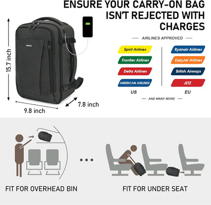 ECOHUB 16'' Reise-Rucksack Handgepäck Unterseat-Rucksack Persönlicher Gegenstand Flugzeug-Reisetasche mit 13 Taschen Handgepäck Flaschenhalter USB-Ladeanschluss Casual Daypack für Frauen Männer Schwarz