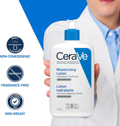 CeraVe Feuchtigkeitslotion, tägliche leichte Gesichts- & Körperlotion mit Hyaluronsäure & Ceramiden, geeignet für trockene & empfindliche Haut, parfümfrei, nicht komedogen & allergiegetestet, 473 ml