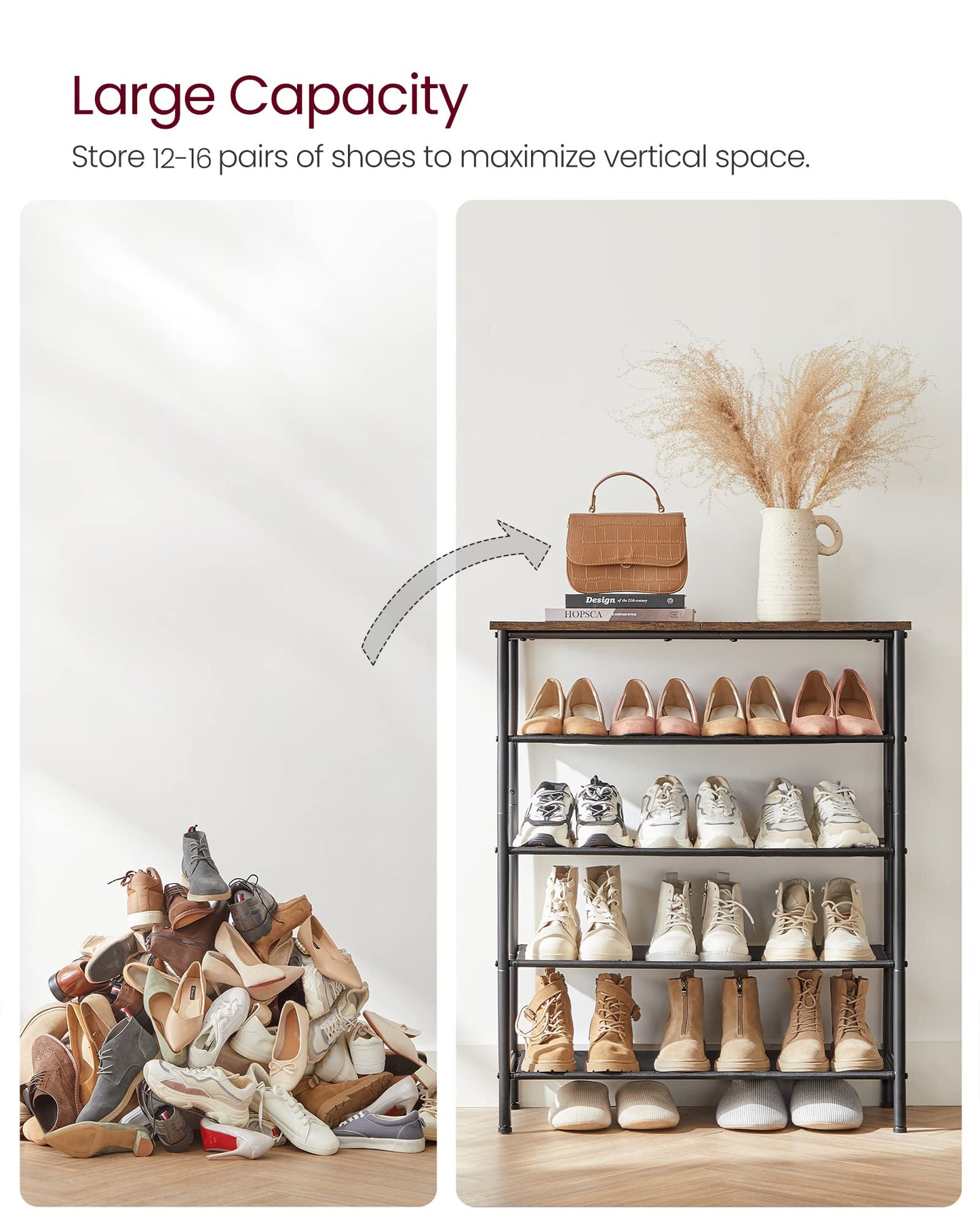 VASAGLE Shoe Rack, 4-Tier Shoe Storage Organizer for Entryway and Closet, Holds 9-12 Pairs of Shoes, 3 Fabric Shelves, Steel Frame, Industrial, Rustic Brown and Black ULBS035B01