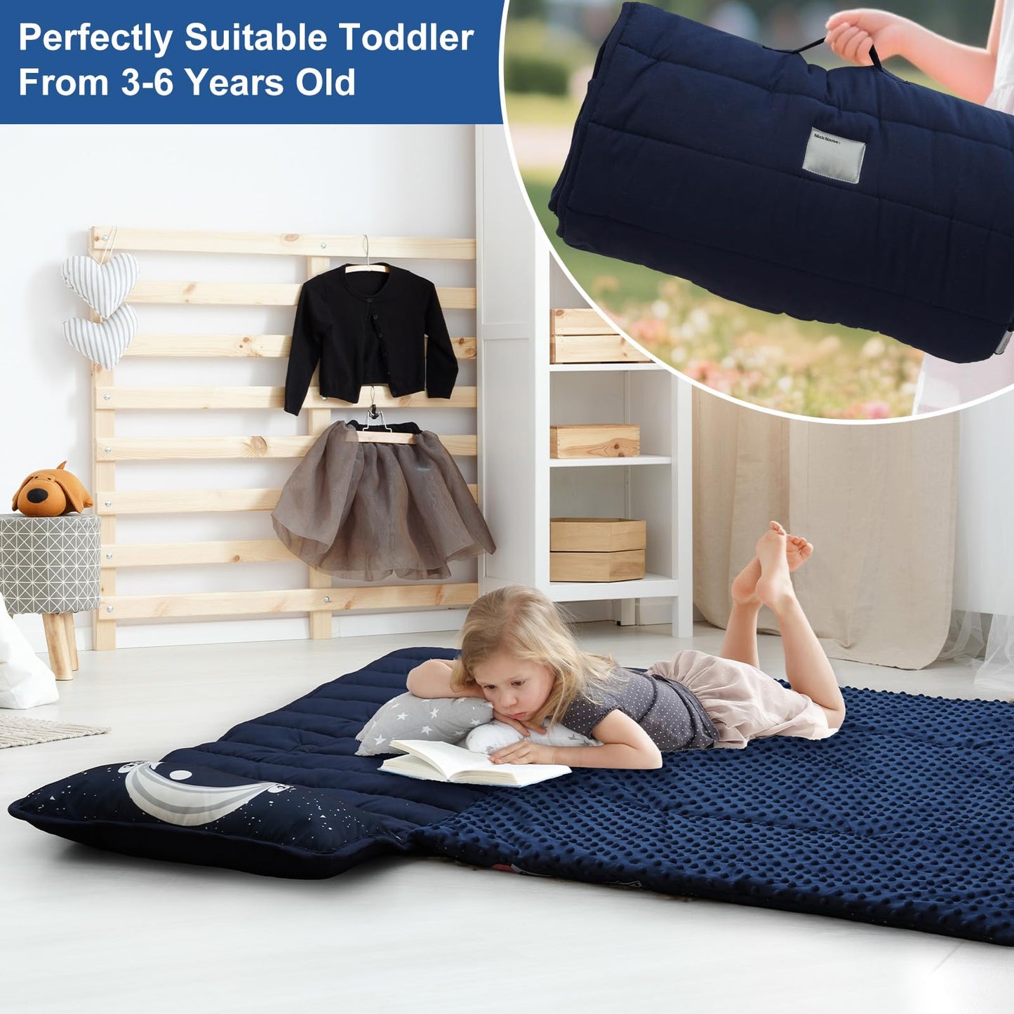 PHF Toddler Nap Mat with Removable Pillow and Minky Blanket, Rollup Design Kids Sleeping Mat, Slumber Bags for Boys, 55"x23" Toddler Sleeping Bag for Daycare Preschool Travel Camping, Space