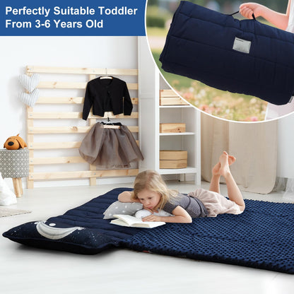 PHF Toddler Nap Mat with Removable Pillow and Minky Blanket, Rollup Design Kids Sleeping Mat, Slumber Bags for Boys, 55"x23" Toddler Sleeping Bag for Daycare Preschool Travel Camping, Space