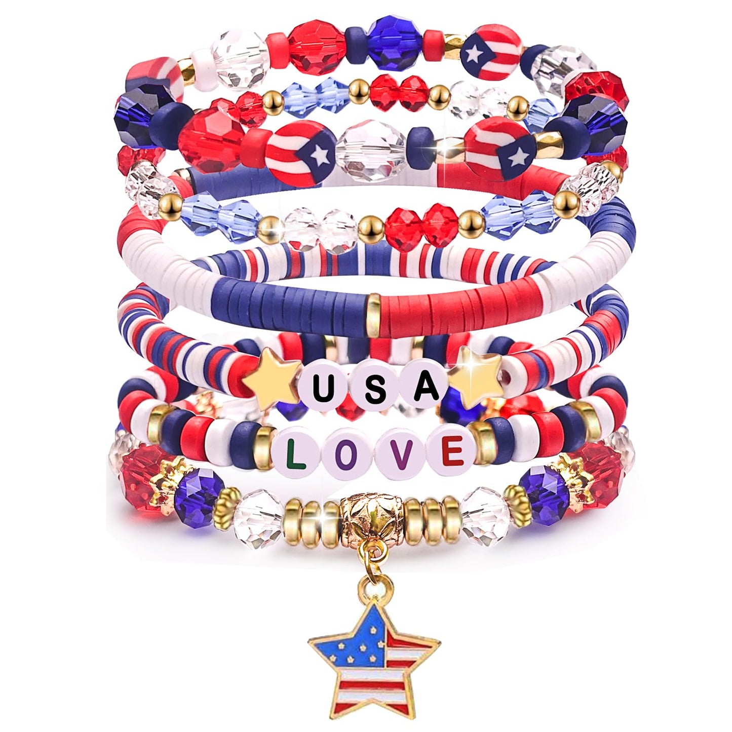 250 Anniversary USA Merchandise 4th of July Outfits for Women Men Teens Red White Blue Clay Beaded Stretch Bracelets USA Patriotic Jewelry 4th of July Accessories