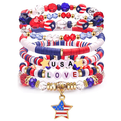 250 Anniversary USA Merchandise 4th of July Outfits for Women Men Teens Red White Blue Clay Beaded Stretch Bracelets USA Patriotic Jewelry 4th of July Accessories