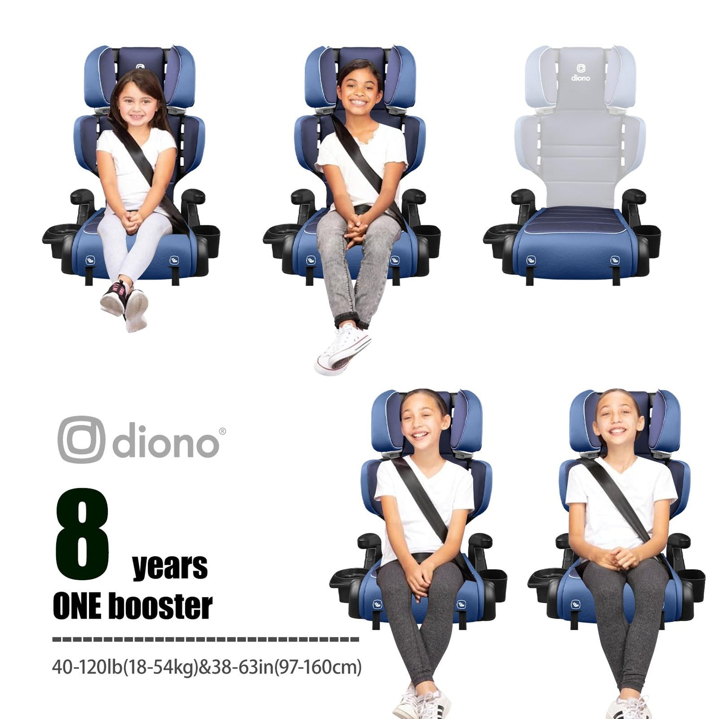 Diono Connect3 RXT 2-in-1 High Back Booster, Slim Fit 3-Across in Many Mid-Sized Sedans and SUVs, for Children from 40-120 lbs., Lightweight with Latch, Black Storm