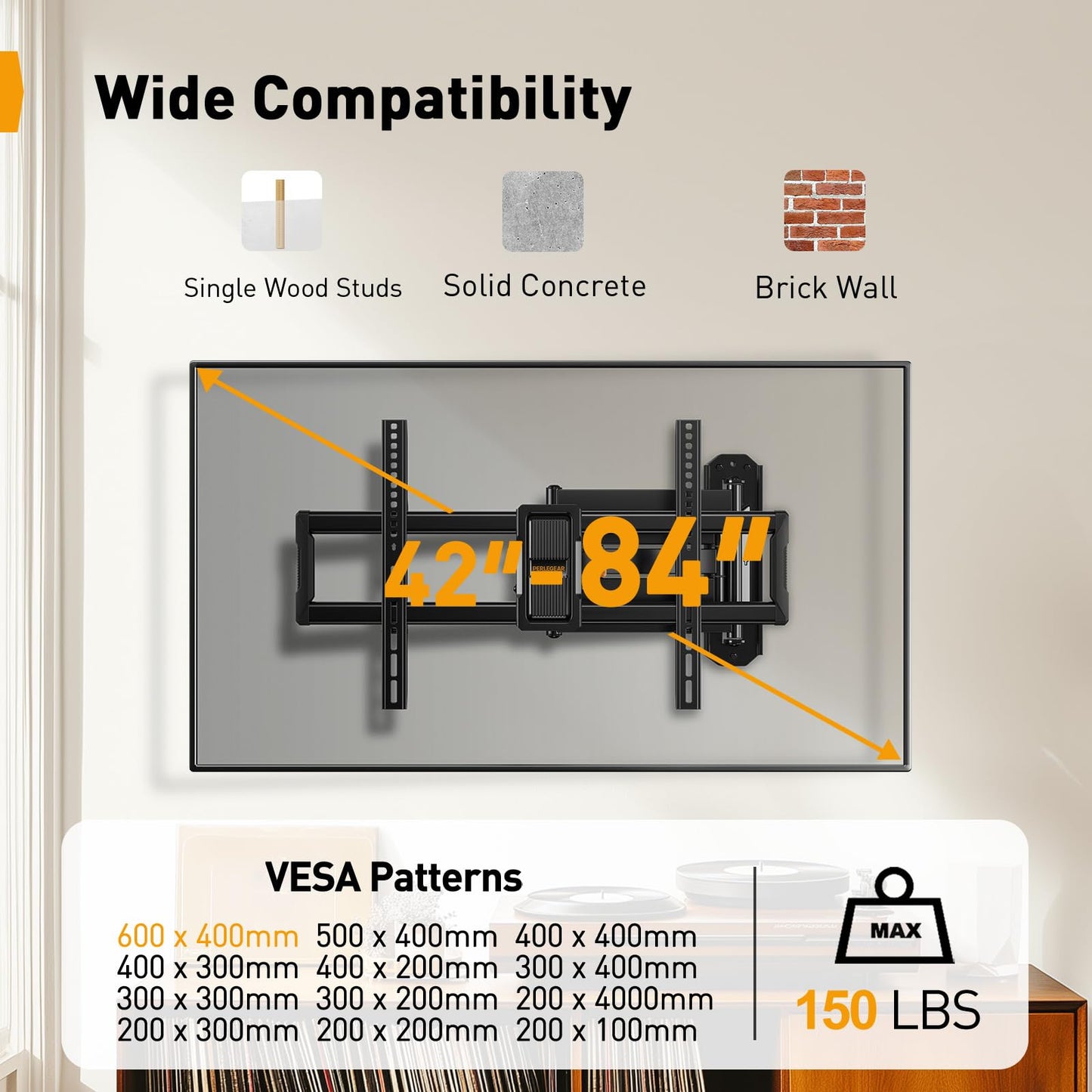 Perlegear Corner TV Wall Mount Long Arm TV Mount Bracket for 37-75 Inch TVs-Full Motion Wall Mount with 32.37” Extension & Swivel Articulating Arm & Tilt, MAX VESA 600x400mm, Holds up to 100 lbs