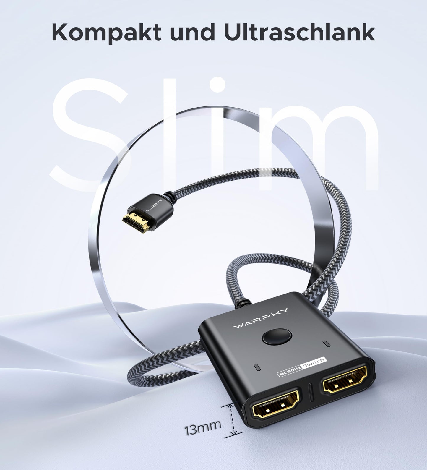 HDMI-Umschalter 2 Eingänge 1 Ausgang 4K@60Hz, WARRKY [mit 1m festem geflochtenen HDMI-Kabel, Aluminiumgehäuse, 2K@144Hz, HDCP 2.2] Bidirektionaler 2x1 Switcher Splitter kompatibel mit PS5/4, Xbox, Roku, FireStick, Switch
