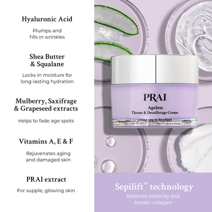 PRAI Ageless Throat & Decolletage Creme 118ml - Anti-Ageing, Collagen Boosting Skincare Cream - Tightens & Firms Skin, Reduces Wrinkles - Luxury Neck Moisturiser With Hyaluronic Acid - 7 Day Results