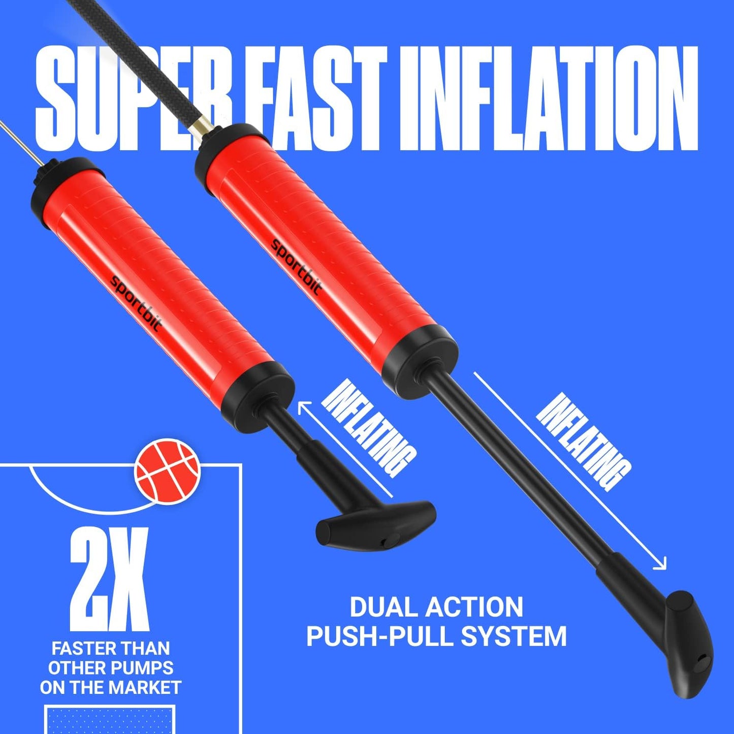 SPORTBIT Ballpumpe für Sportbälle - Basketballpumpe, Volleyballpumpe, Fußballpumpe - Handpumpe für alle Sportbälle - Push & Pull Aufblassystem - Inklusive 5 Nadeln