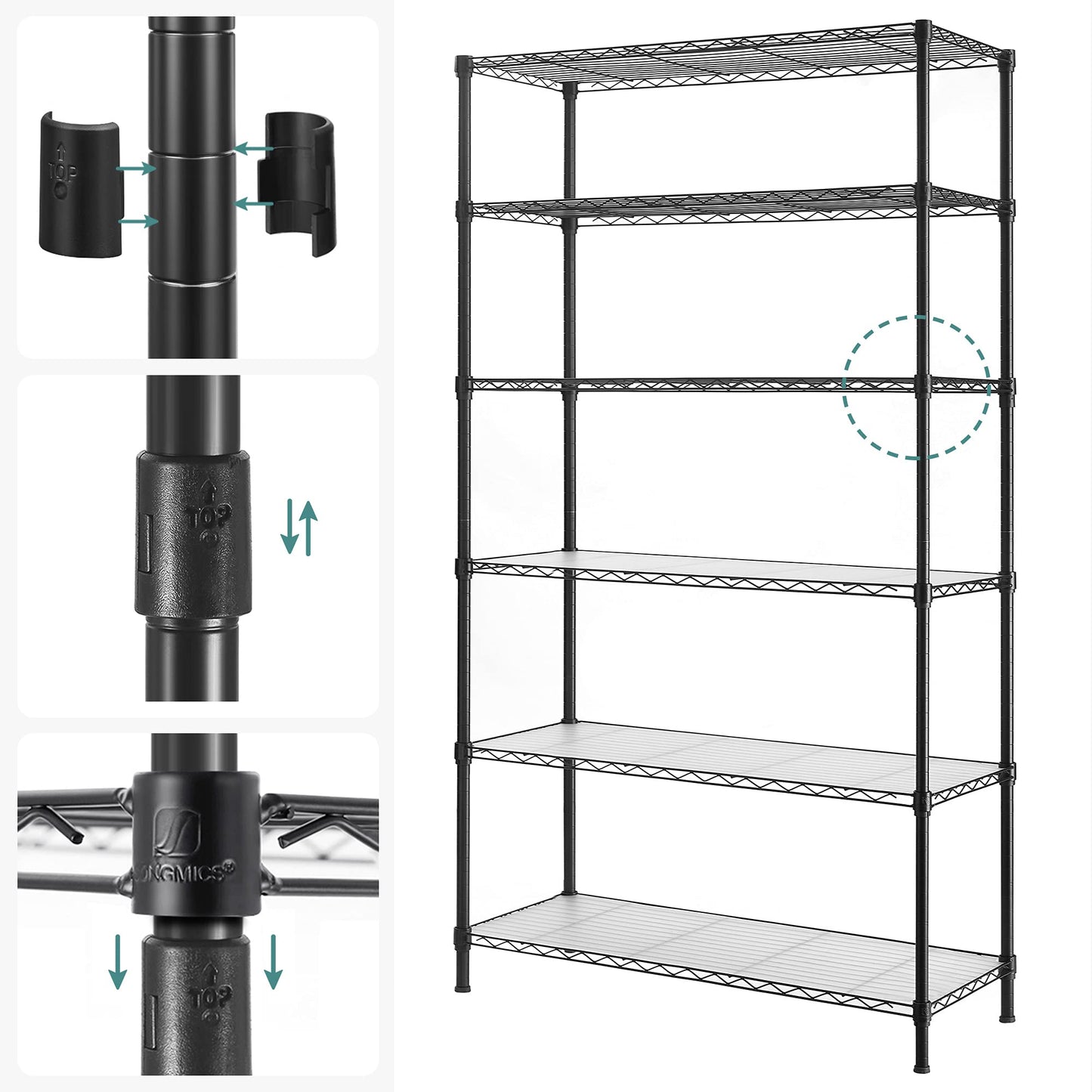 SONGMICS Storage Shelf, Small Metal Wire Shelving Unit, Adjustable Shelves, for Small Spaces, Garage, Bedroom, Living Room, Kitchen, Pantry, 5 Tier, 11.8 x 11.8 x 47.6 Inches, Ink Black ULGR123BH01