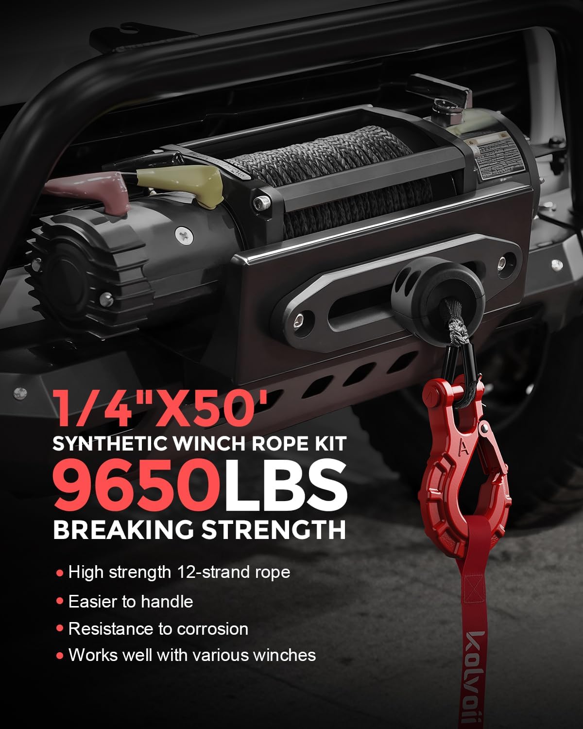 Kolvoii Synthetisches Windenseil-Set, 1/4" x 50ft 9.650lbs Windenseil mit Stahlhaken, Schutzhülle und Windenseilstopper für ATV UTV Off-Road Fahrzeuge etc. (Graues Seil, Schwarzer Haken)