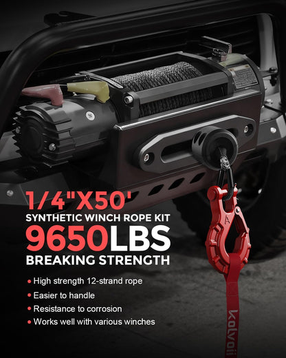Kolvoii Synthetisches Windenseil-Set, 1/4" x 50ft 9.650lbs Windenseil mit Stahlhaken, Schutzhülle und Windenseilstopper für ATV UTV Off-Road Fahrzeuge etc. (Graues Seil, Schwarzer Haken)