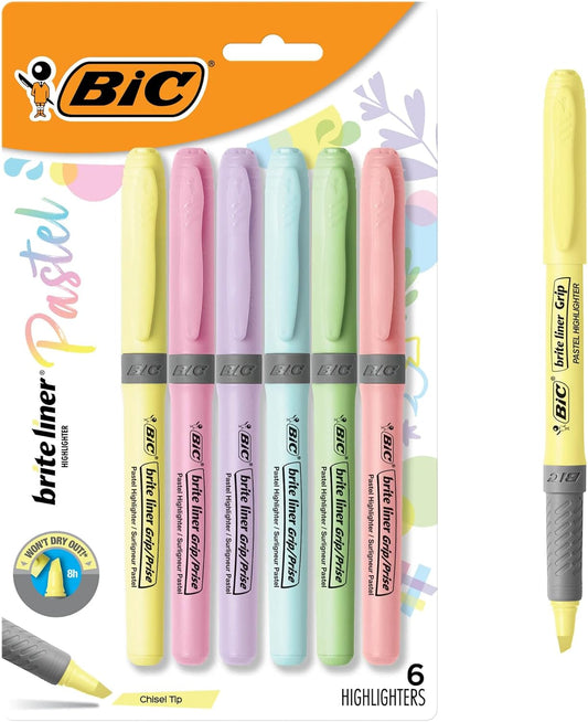 BIC Brite Liner Pastel Highlighter Set, Chisel Tip for Fine and Broad Lines, 6-Count Pack in Assorted Colours
