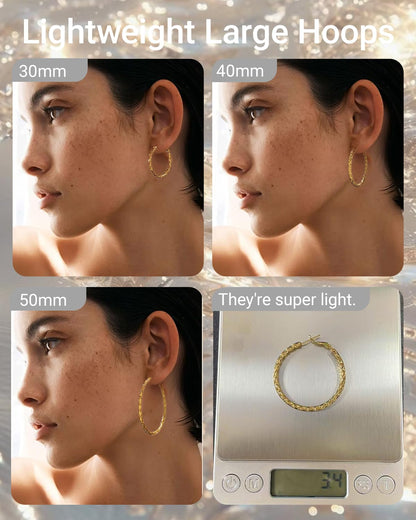 925 Sterling Silver Post Hoop Earrings Lightweight Twisted Hoop Earrings for Women Hypoallergenic Large Hoop Earrings 30/40/50MM