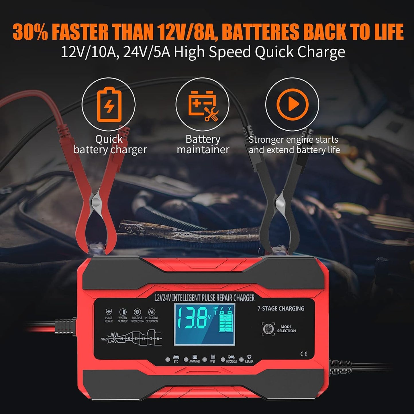 YONHAN Batterieladegerät 10 A 12 V und 24 V vollautomatisches Smart-Autobatterieladegerät, Batterieladeerhaltungsgerät und Batterieentsulfatierer mit Temperaturkompensation