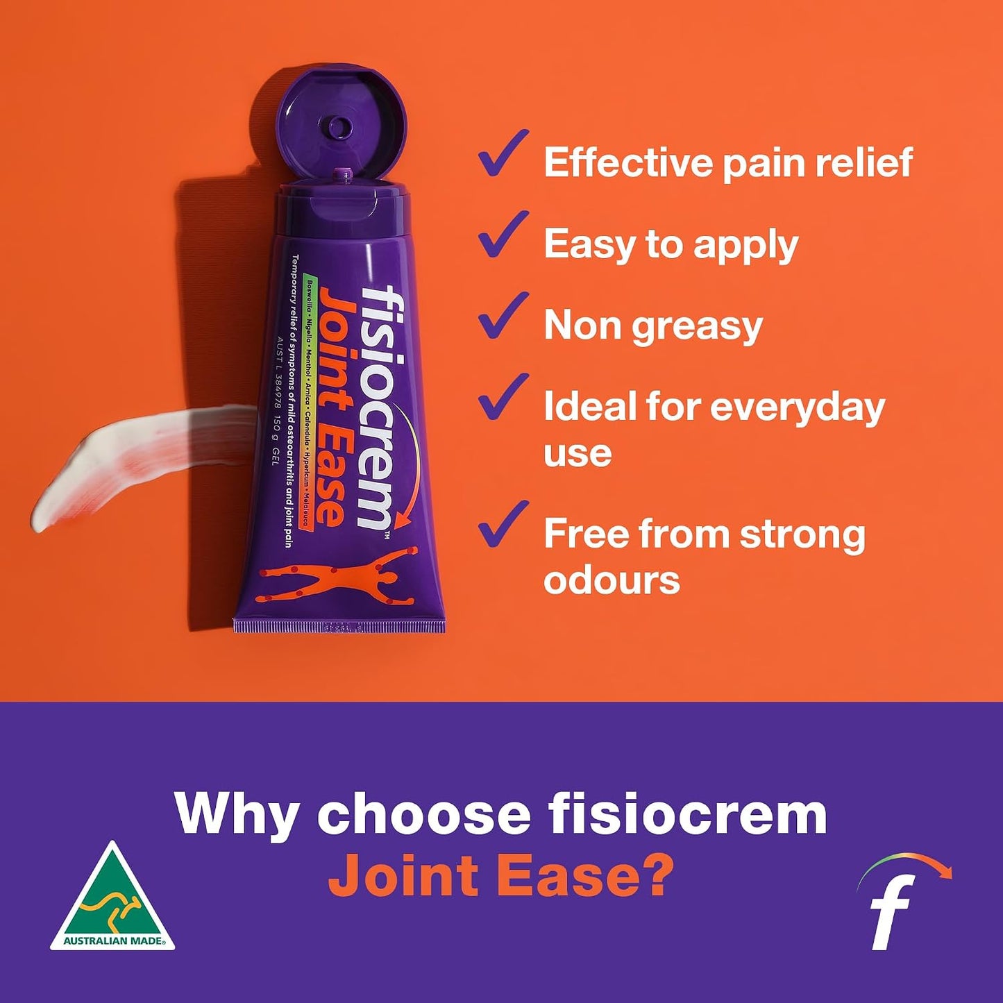 Fisiocrem Joint Ease – Temporary Relief for Mild Arthritis & Mild Osteoarthritis Symptoms, Non-Greasy, Easily Absorbed Gel with Arnica, Boswellia & Menthol, Supports Joint Mobility & Comfort (100g)