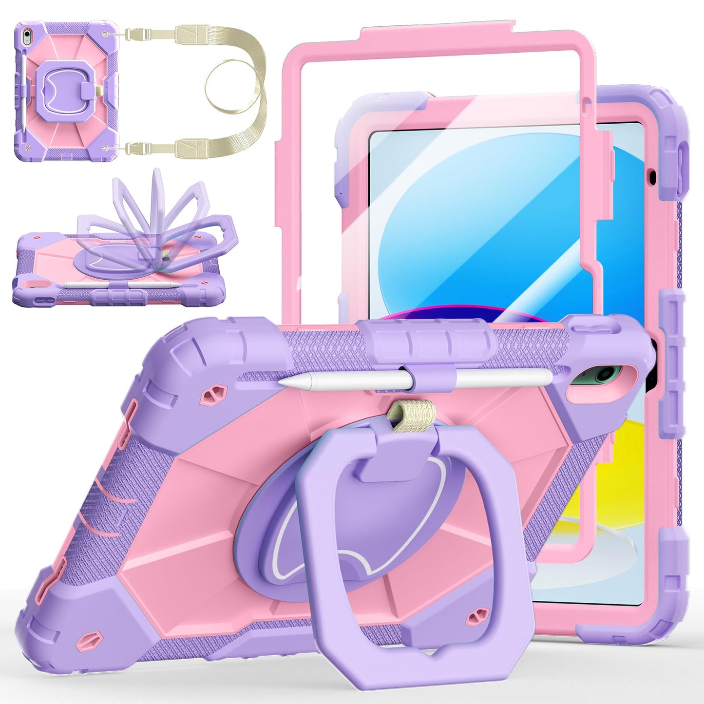 Case for iPad A16 11th Generation 11 Inch 2025, Auorld for iPad 10th Generation 10.9 inch 2022 case with Screen Protector, 360 Degree Rotating Stand Shoulder Strap Pencil Holder, Navy Pink