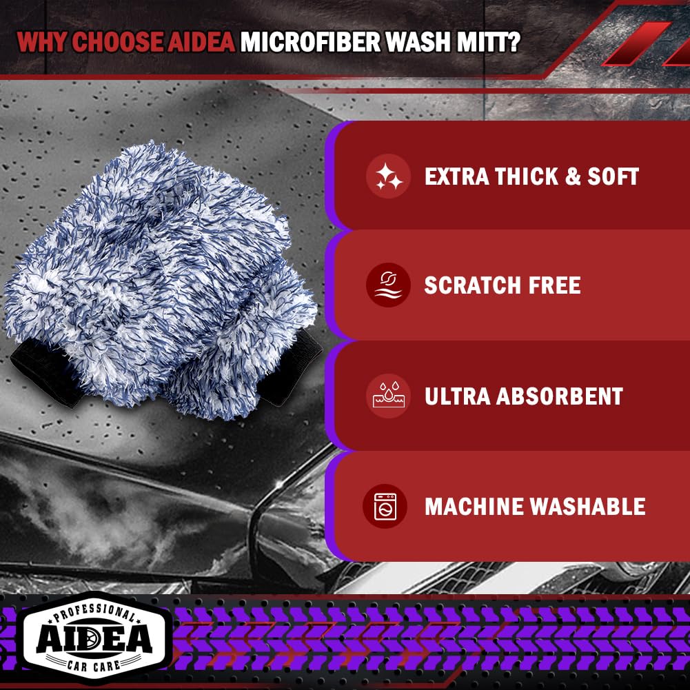 AIDEA Car Wash Mitt Microfiber, 2PK Scratch Free Lint-Free, Premium Chenille Microfiber Mitt Car Wash Brush, Green, Regular Size 7.12''X10.14''
